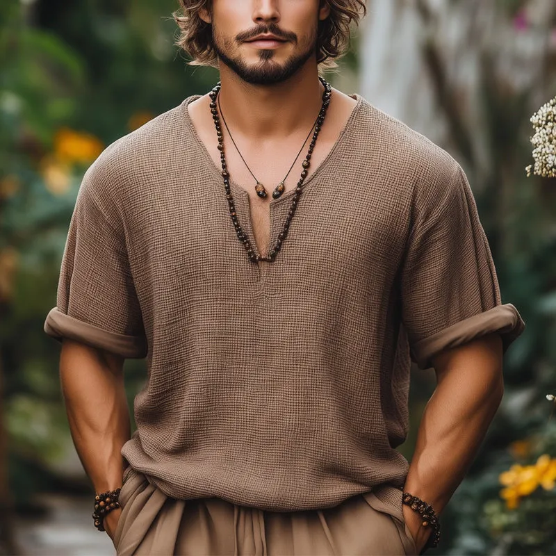 Men's Summer Basic Solid Color Textured V-neck Loose Short-sleeved T-shirt MTA2655E2U sold by Manly product image thumbnail 2