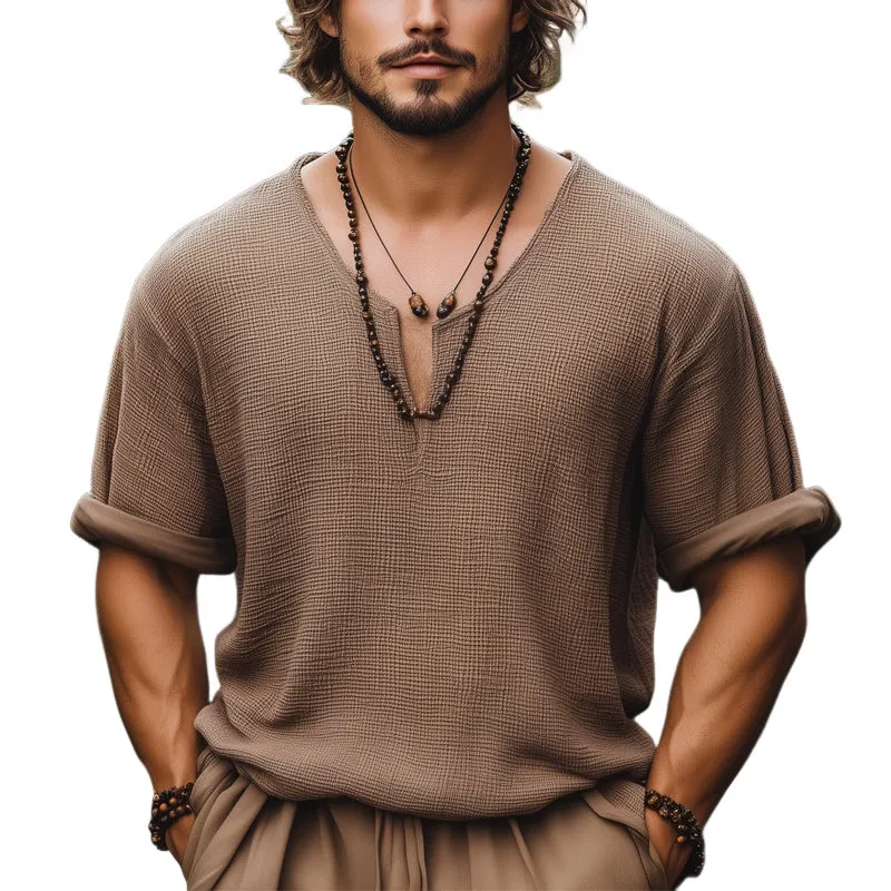 Men's Summer Basic Solid Color Textured V-neck Loose Short-sleeved T-shirt MTA2655E2U sold by Manly