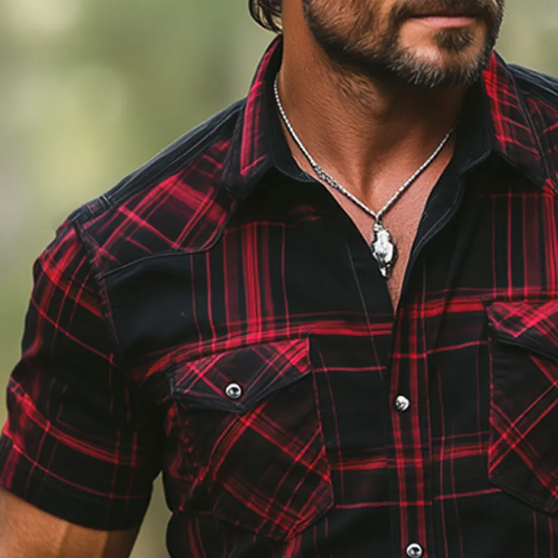 Men's Summer Retro Red And Black Plaid Short Sleeve Shirt MTA2614E3U sold by Manly product image thumbnail 4
