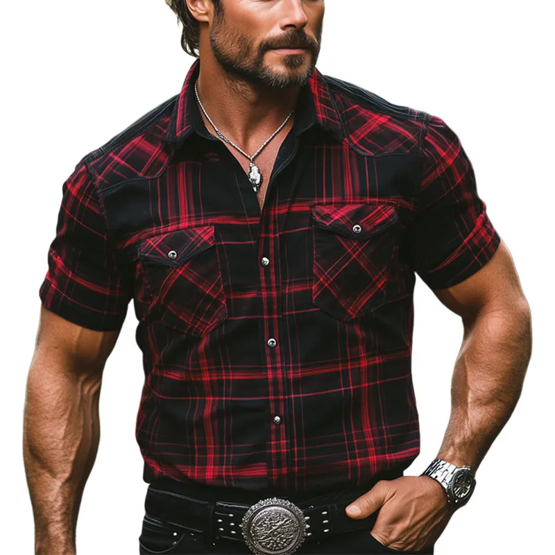 Men's Summer Retro Red And Black Plaid Short Sleeve Shirt MTA2614E3U sold by Manly