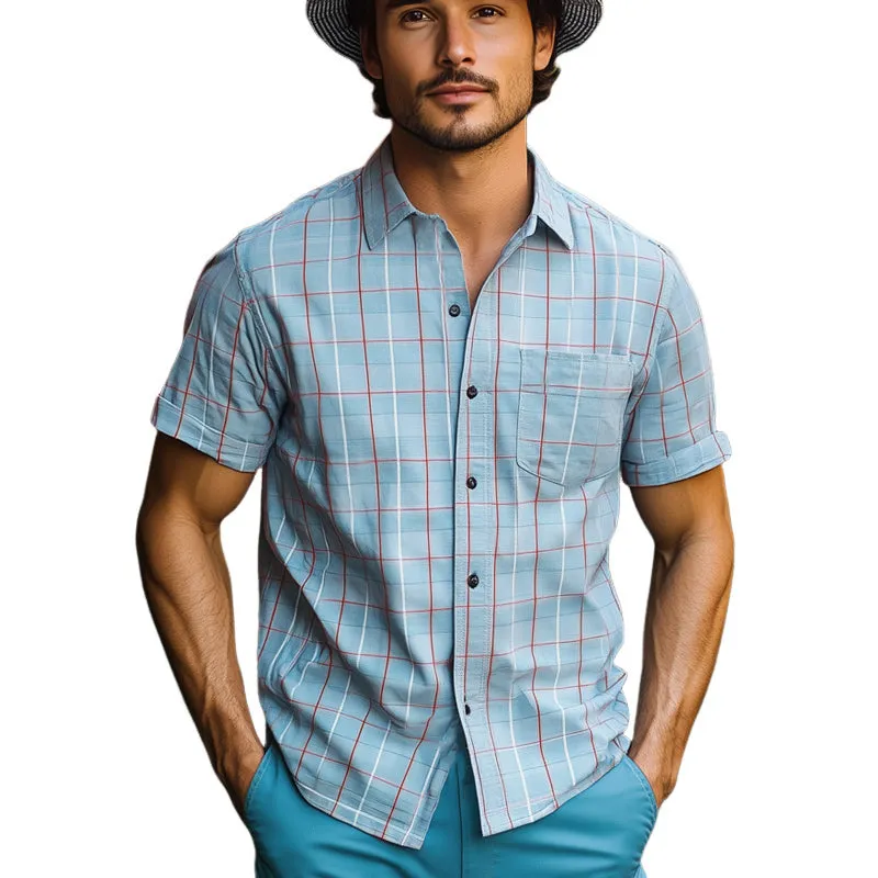 Men's Summer Basic Blue Plaid Short Sleeve Shirt MTA2642E1U sold by Manly