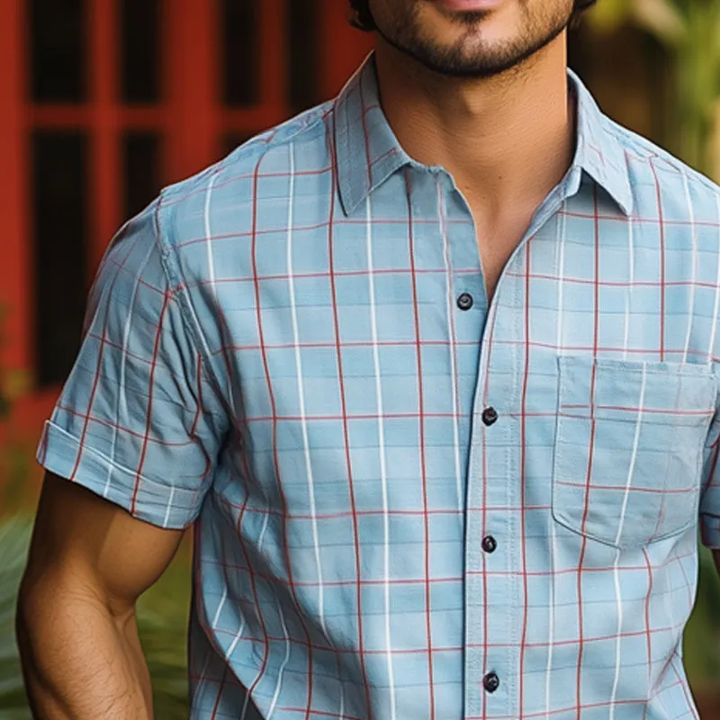 Men's Summer Basic Blue Plaid Short Sleeve Shirt MTA2642E1U sold by Manly product image thumbnail 3