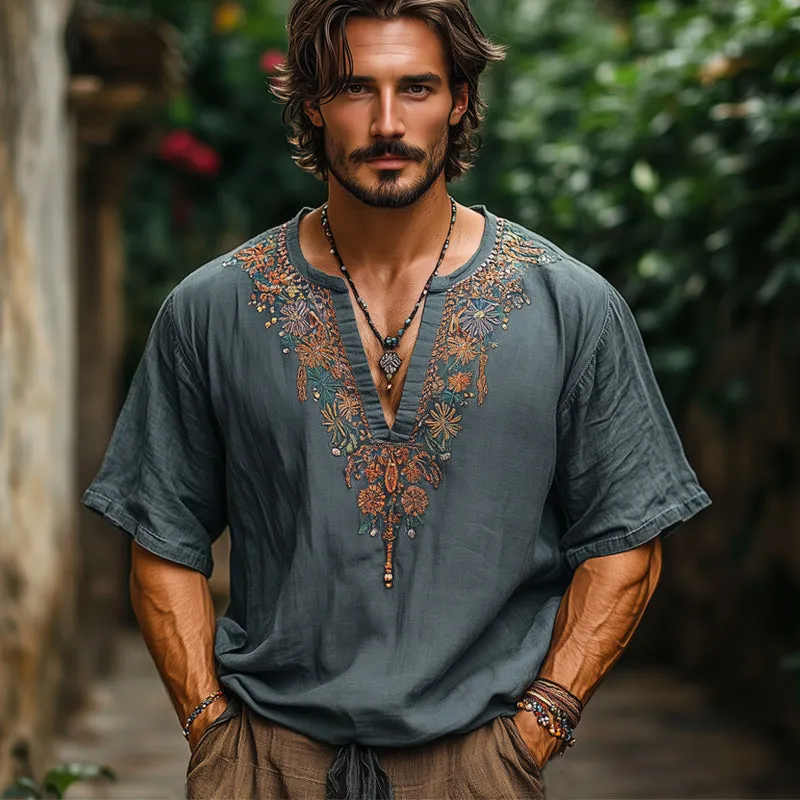 Men's Summer Embroidered V-Neck Cotton And Linen Loose Short-Sleeved T-Shirt MTA2678E4U sold by Manly product image thumbnail 3