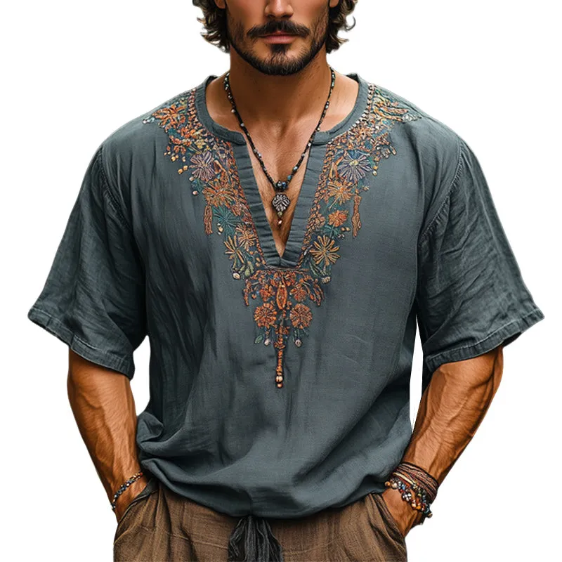 Men's Summer Embroidered V-Neck Cotton And Linen Loose Short-Sleeved T-Shirt MTA2678E4U sold by Manly