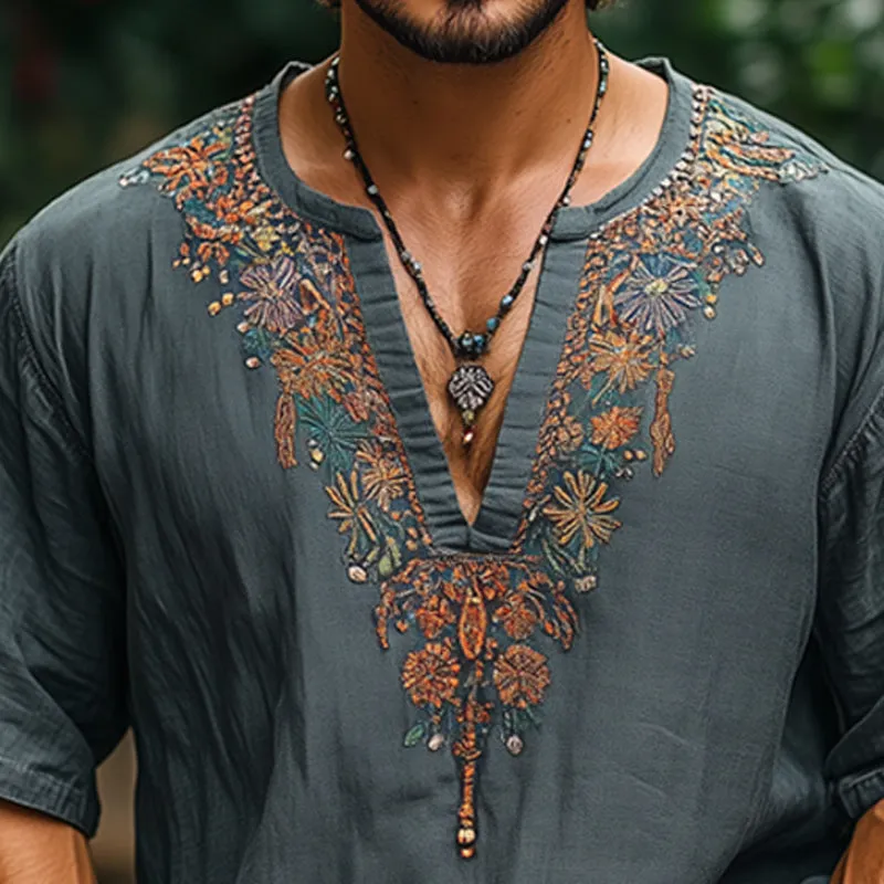 Men's Summer Embroidered V-Neck Cotton And Linen Loose Short-Sleeved T-Shirt MTA2678E4U sold by Manly product image thumbnail 4