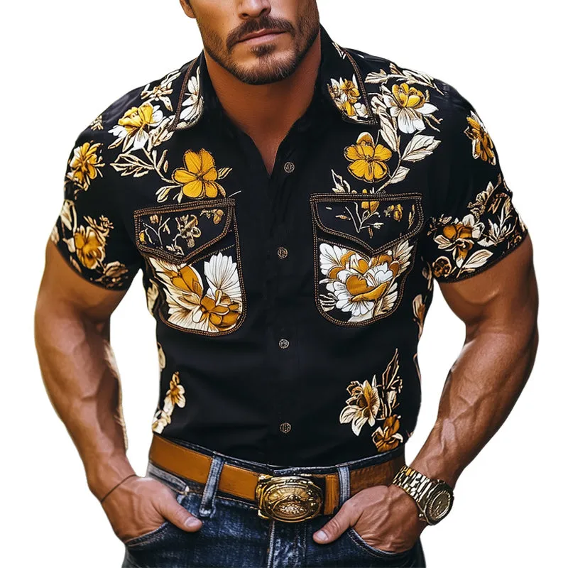 Men's Summer Floral Print Button Short Sleeve T-Shirt MTA2628E4U sold by Manly