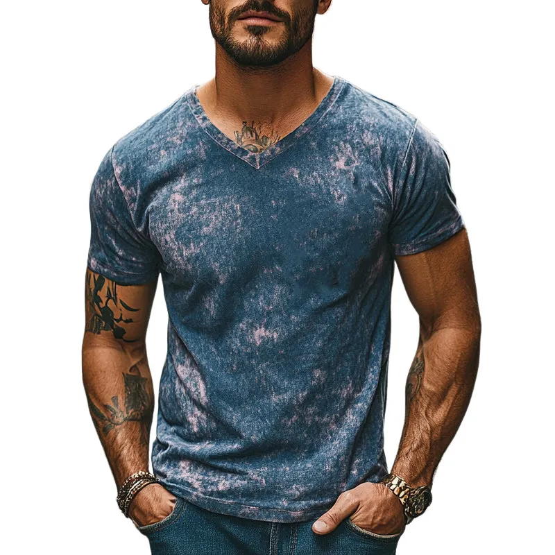 Men's Vintage Distressed Print Short Sleeve V Neck T-Shirt MTA2447E2X sold by Manly