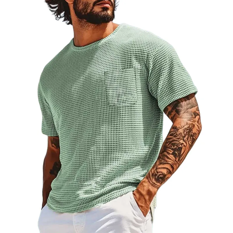 Men's Solid Color Waffle Round Neck Short Sleeve T-Shirt MTA2633E6X sold by Manly