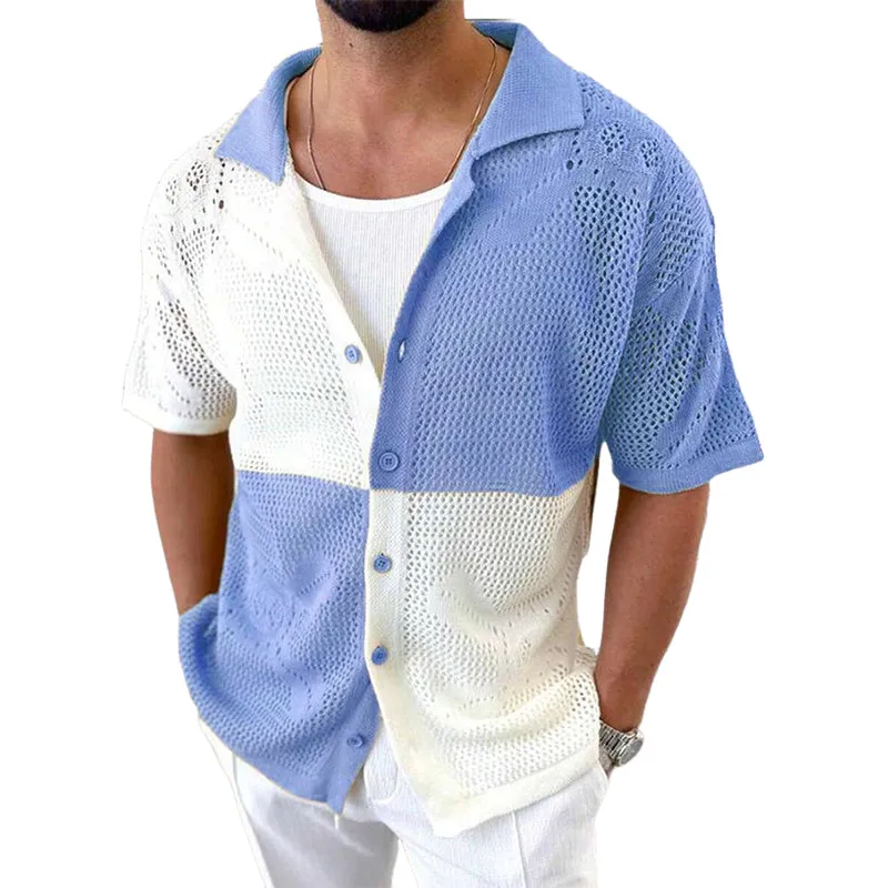 Men's Contrast Jacquard Knit Lapel Short-Sleeved Shirt MTA2631E1X sold by Manly