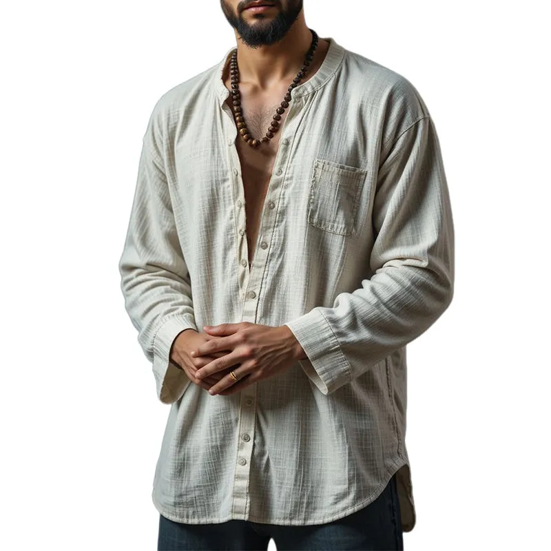 Men's Cotton And Linen Solid Color Stand Collar Long Sleeve Shirt MTA2615E8X sold by Manly