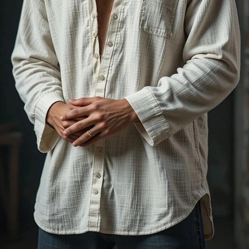 Men's Cotton And Linen Solid Color Stand Collar Long Sleeve Shirt MTA2615E8X sold by Manly product image thumbnail 3