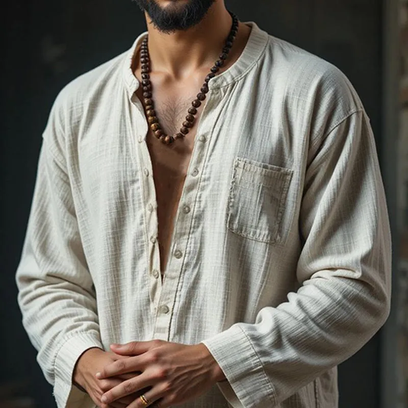 Men's Cotton And Linen Solid Color Stand Collar Long Sleeve Shirt MTA2615E8X sold by Manly product image thumbnail 2