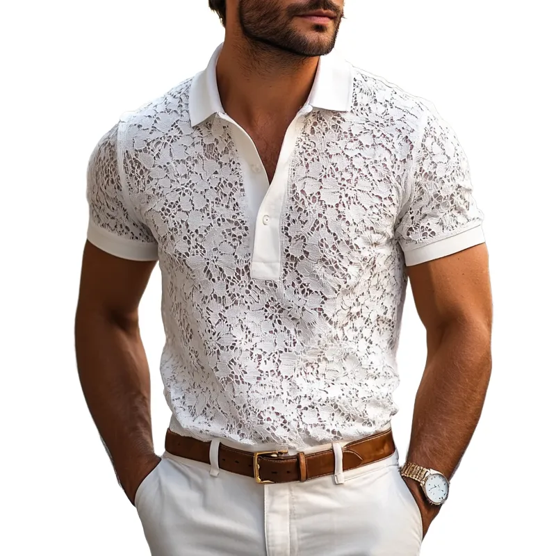Men's Solid Lace Lapel Short Sleeve Casual Polo Shirt MTA2913E7Z sold by Manly