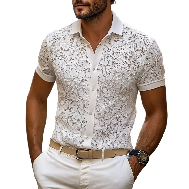 Men's Solid Lace Lapel Short Sleeve Shirt MTA2937E3Z sold by Manly