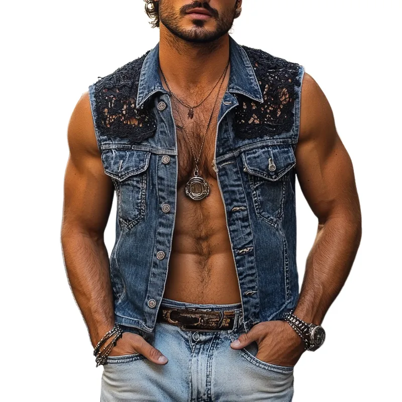 Men's Lace Stitching Denim Lapel Single Breasted Vest MTA2834E9Z sold by Manly