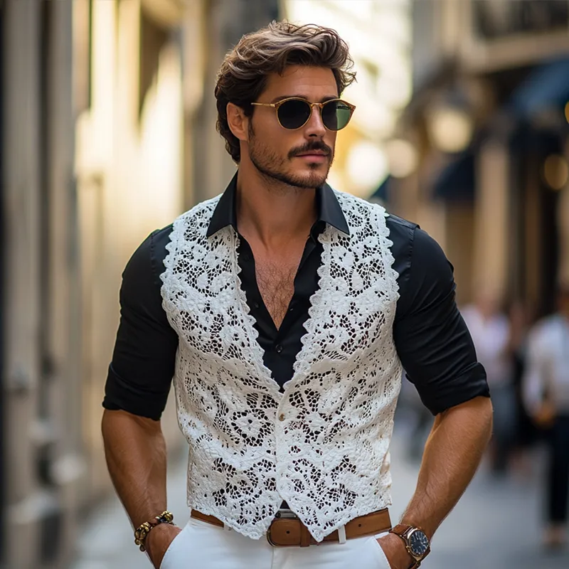 Men's Solid Lace V Neck Single Breasted Casual Vest MTA2962E0Z sold by Manly product image thumbnail 3