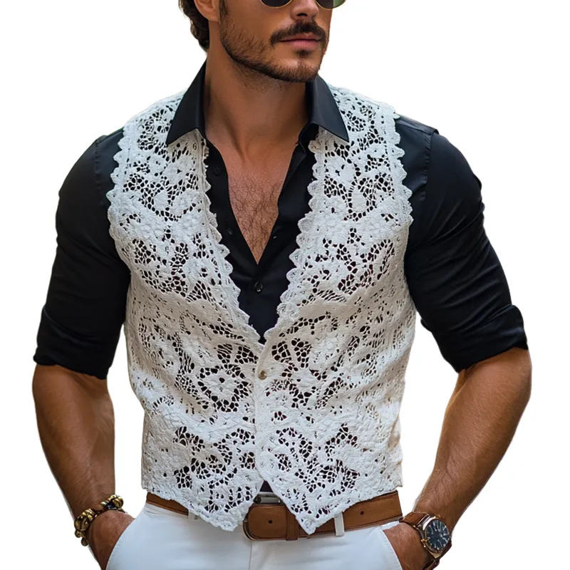 Men's Solid Lace V Neck Single Breasted Casual Vest MTA2962E0Z sold by Manly