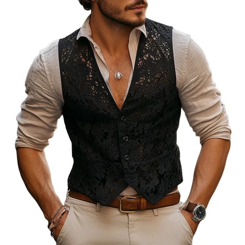 Men's Solid Lace V Neck Single Breasted Casual Vest MTA2977E0Z sold by Manly