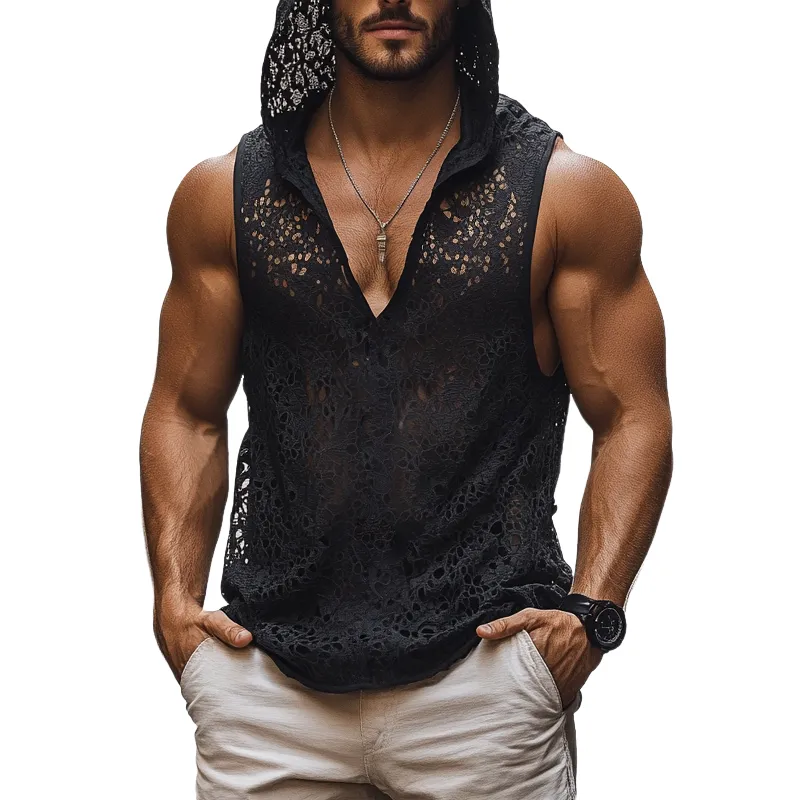 Men's Solid Lace Hooded Sleeveless Casual Tank Top MTA2970E9Z sold by Manly
