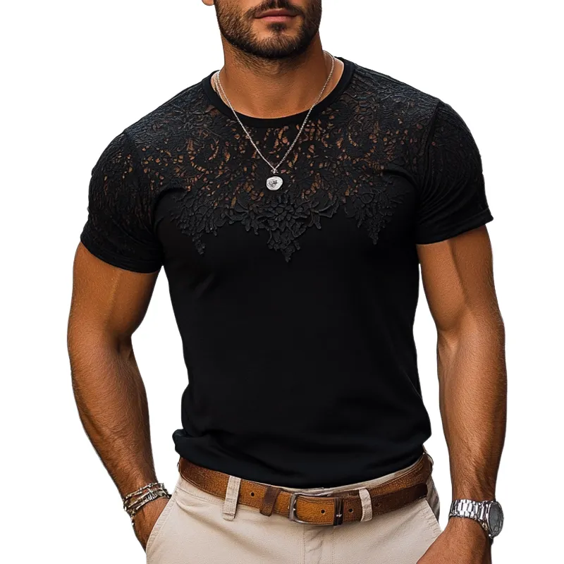 Men's Solid Lace Stitching Round Neck Short Sleeve T-shirt MTA2861E1Z sold by Manly