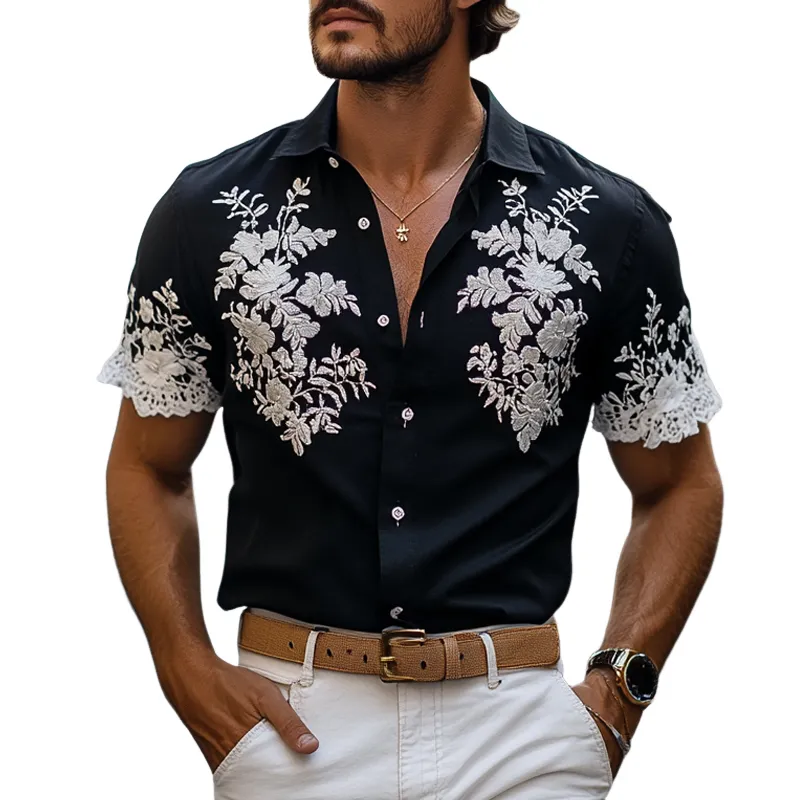 Men's Floral Embroidered Lapel Short Sleeve Shirt MTA2962E8Z sold by Manly