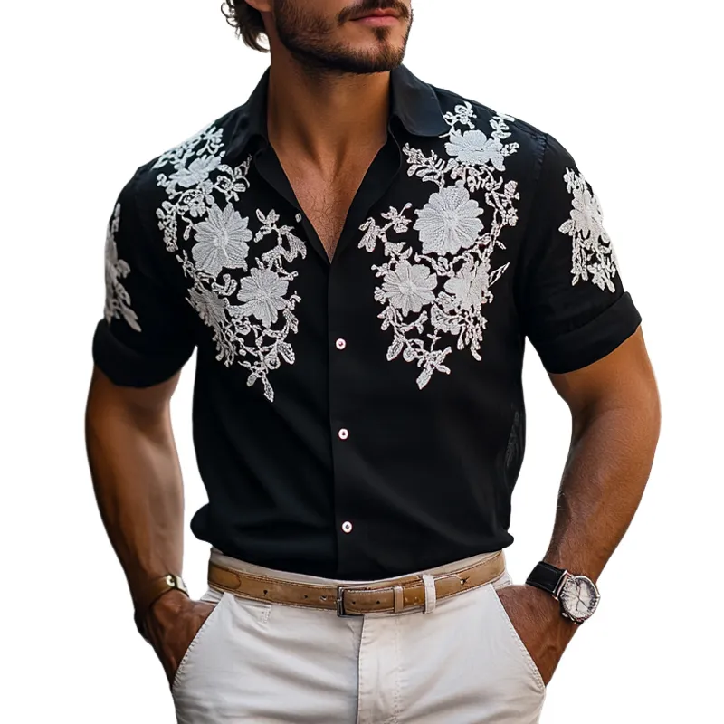 Men's Floral Embroidered Lapel Short Sleeve Shirt MTA2949E7Z sold by Manly