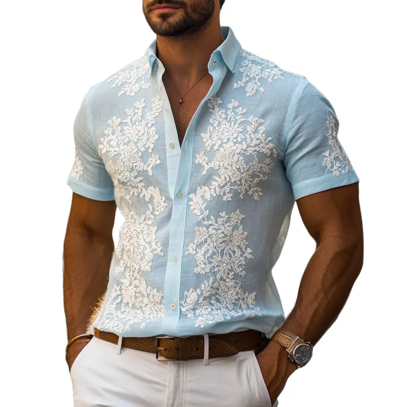 Men's Floral Embroidered Lapel Short Sleeve Shirt MTA2956E2Z sold by Manly