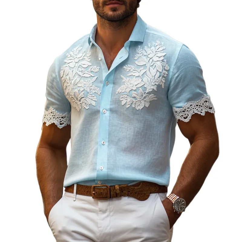 Men's Floral Embroidered Lapel Short Sleeve Shirt MTA2918E0Z sold by Manly