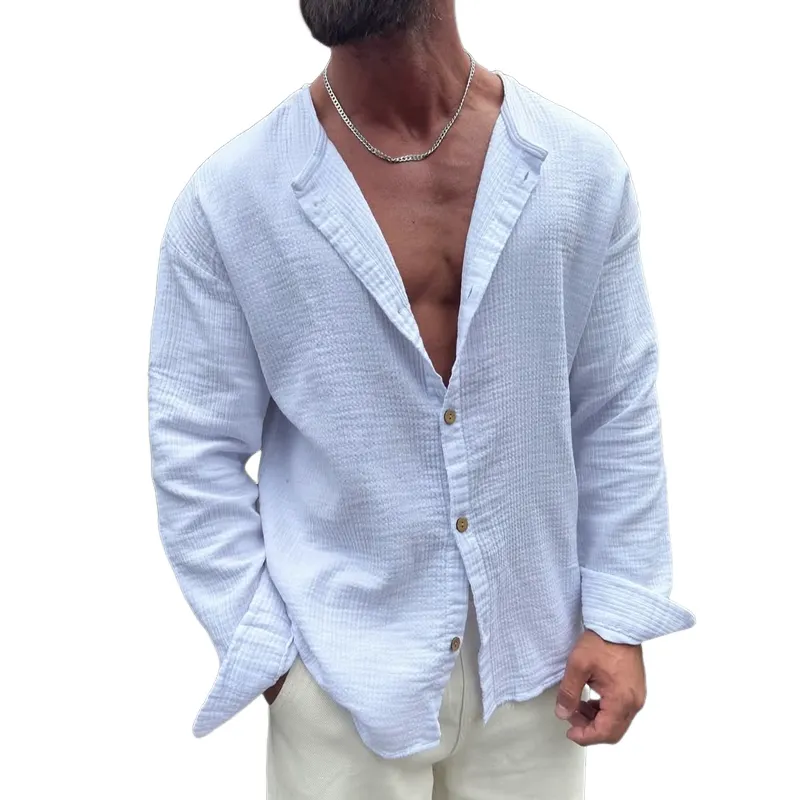 Men's Solid Cotton And Linen Round Neck Long Sleeve Shirt MTA2943E7Z sold by Manly