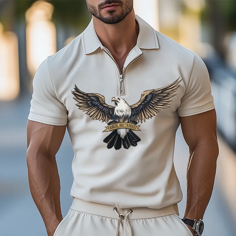 Men's Summer Fashion Casual Air Layer Fabric Bald Eagle Embroidery Zipper Polo Shirt Elastic Waist Shorts Set MTA2944E0K sold by Manly product image thumbnail 4