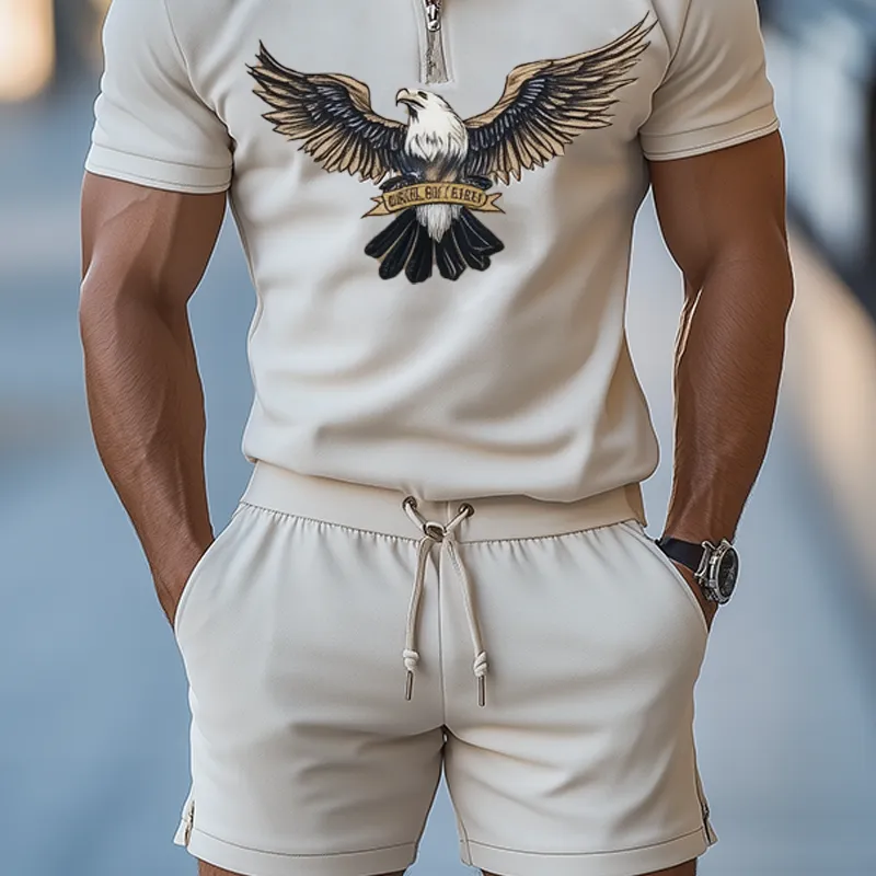 Men's Summer Fashion Casual Air Layer Fabric Bald Eagle Embroidery Zipper Polo Shirt Elastic Waist Shorts Set MTA2944E0K sold by Manly product image thumbnail 3