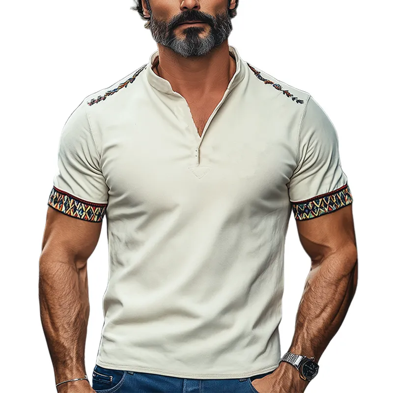 Men's Summer Fashion Casual Suede Embroidery Slim Fit Henley Collar Short Sleeve T-Shirt MTA2953E1K sold by Manly