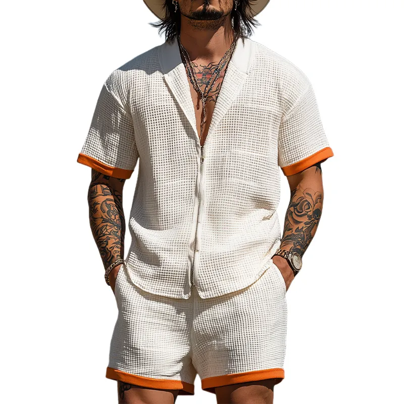 Men's Summer Fashion Casual Waffle Contrast Color Stitching Zipper Lapel Short-sleeved Shirt Elastic Waist Shorts Set MTA2951E4K sold by Manly