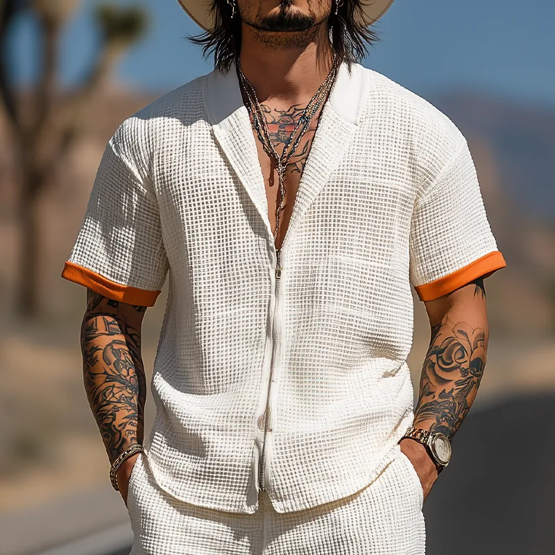 Men's Summer Fashion Casual Waffle Contrast Color Stitching Zipper Lapel Short-sleeved Shirt Elastic Waist Shorts Set MTA2951E4K sold by Manly product image thumbnail 4