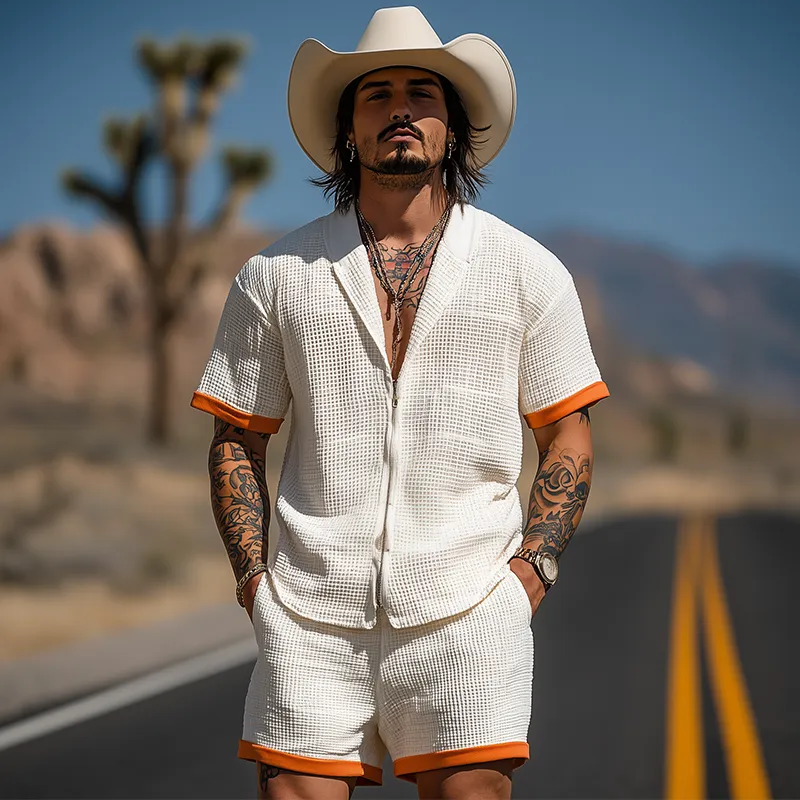 Men's Summer Fashion Casual Waffle Contrast Color Stitching Zipper Lapel Short-sleeved Shirt Elastic Waist Shorts Set MTA2951E4K sold by Manly product image thumbnail 3