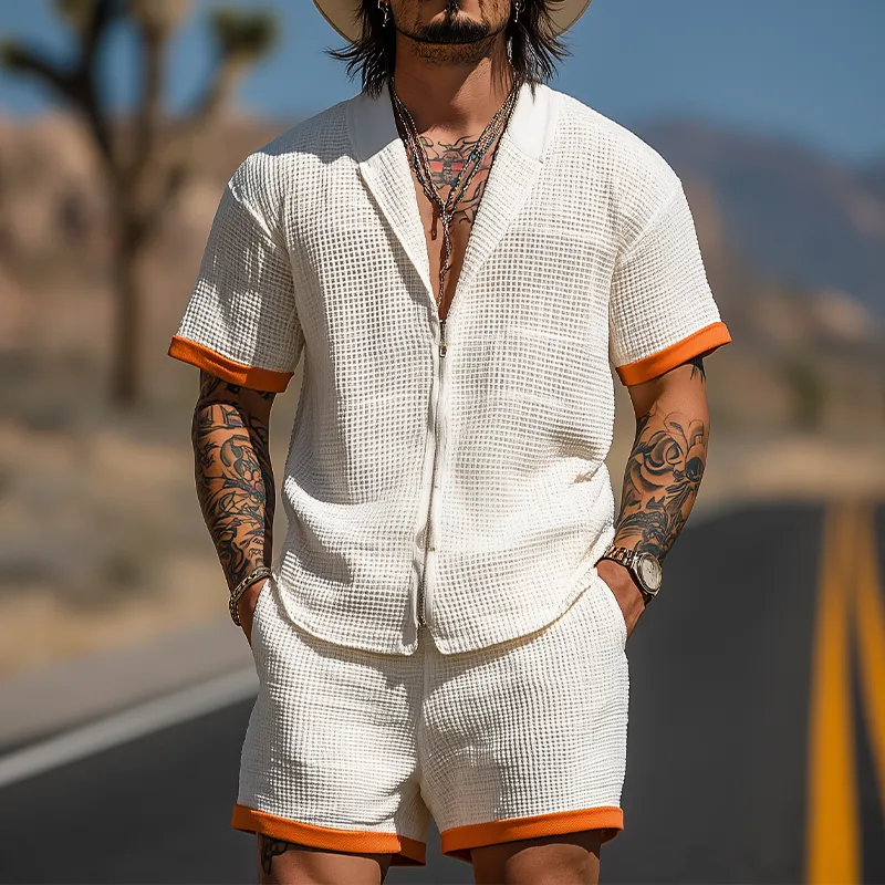Men's Summer Fashion Casual Waffle Contrast Color Stitching Zipper Lapel Short-sleeved Shirt Elastic Waist Shorts Set MTA2951E4K sold by Manly product image thumbnail 2