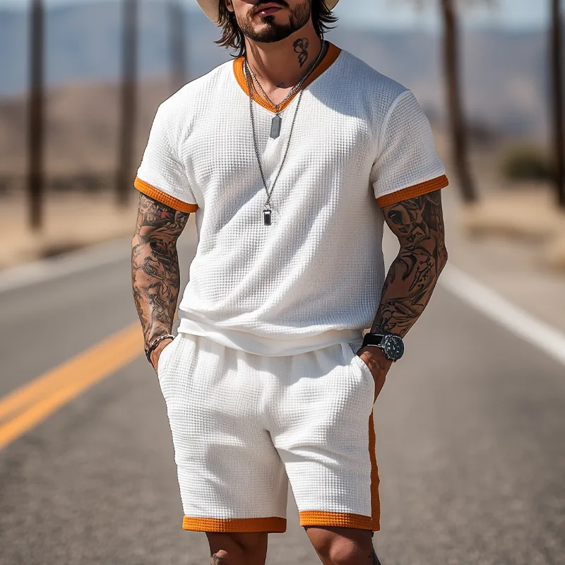 Men's Summer Fashion Casual Waffle Contrast Color Stitching Short-sleeved T-shirt Elastic Waist Shorts Set MTA2950E7K sold by Manly product image thumbnail 2