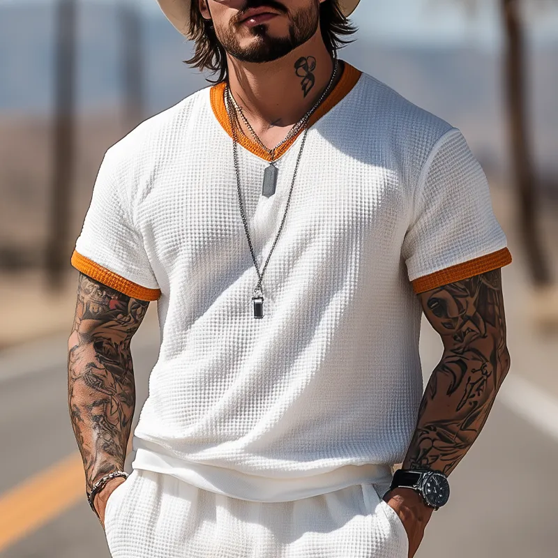 Men's Summer Fashion Casual Waffle Contrast Color Stitching Short-sleeved T-shirt Elastic Waist Shorts Set MTA2950E7K sold by Manly product image thumbnail 4