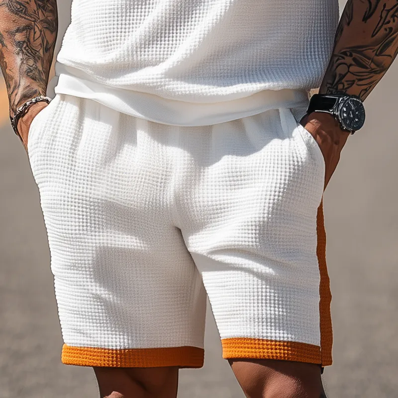 Men's Summer Fashion Casual Waffle Contrast Color Stitching Short-sleeved T-shirt Elastic Waist Shorts Set MTA2950E7K sold by Manly product image thumbnail 5