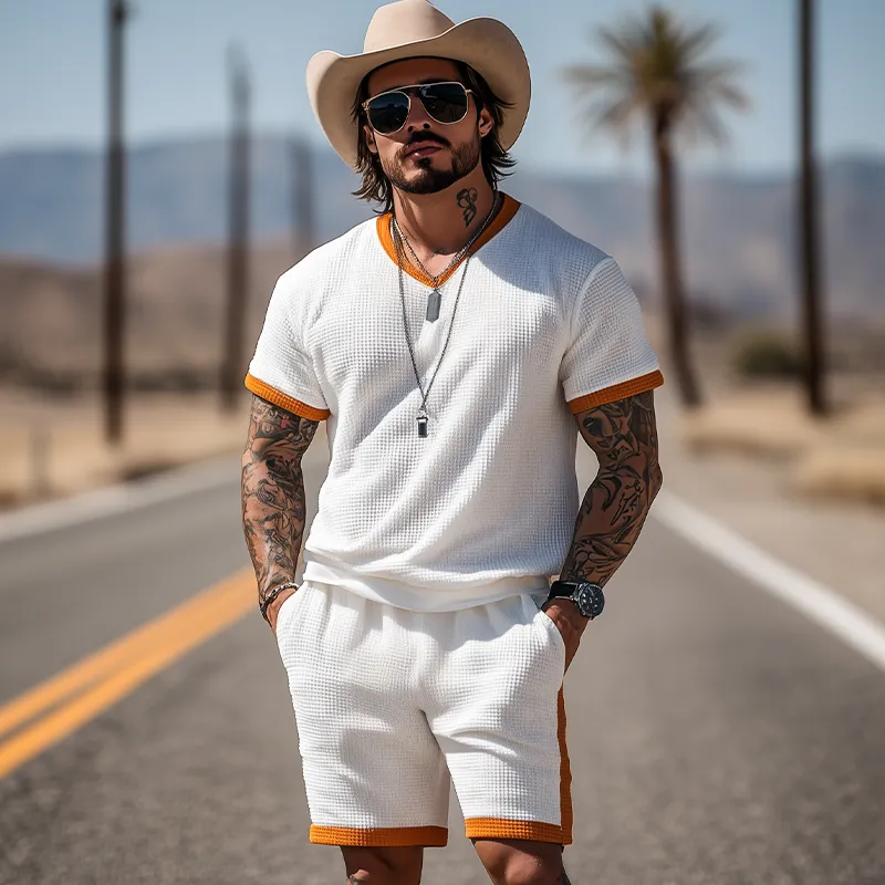 Men's Summer Fashion Casual Waffle Contrast Color Stitching Short-sleeved T-shirt Elastic Waist Shorts Set MTA2950E7K sold by Manly product image thumbnail 3