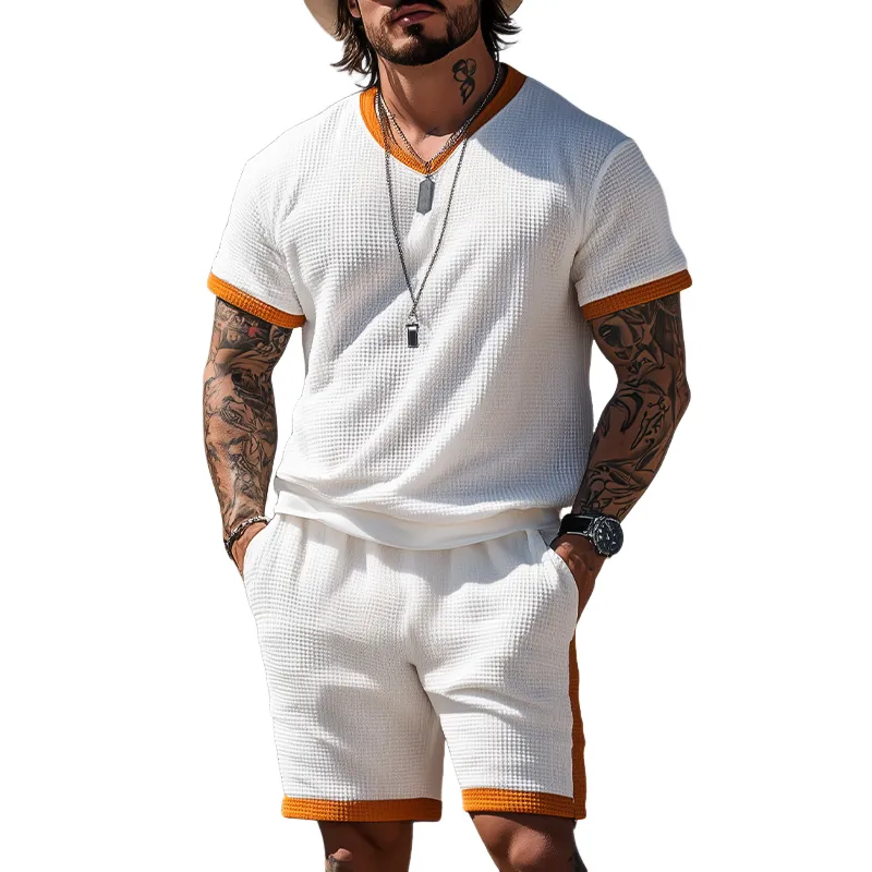 Men's Summer Fashion Casual Waffle Contrast Color Stitching Short-sleeved T-shirt Elastic Waist Shorts Set MTA2950E7K sold by Manly