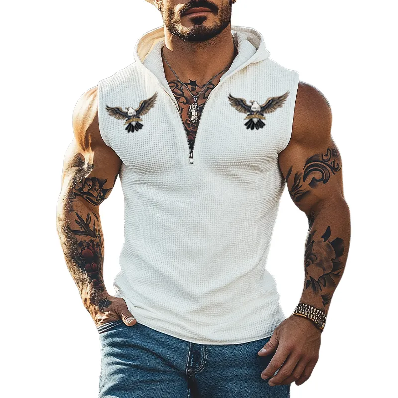 Men's Summer Fashion Casual Western Style Waffle Bald Eagle Embroidery Zipper Hooded Slim Tank Top MTA2927E0K sold by Manly