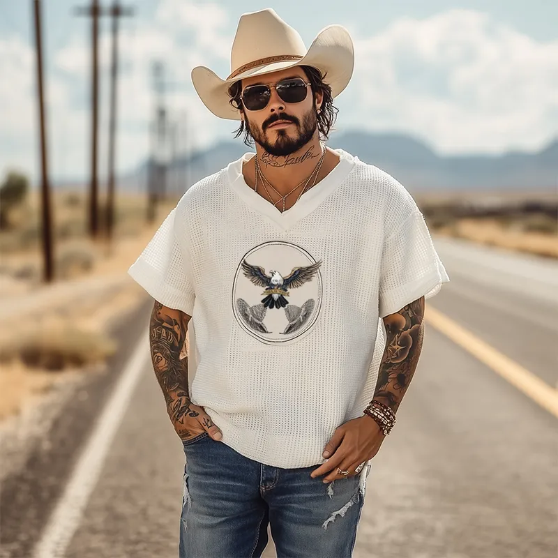 Men's Summer Fashion Casual Western Style Waffle Bald Eagle Embroidery V-neck Loose Short-sleeved T-shirt MTA2995E0K sold by Manly product image thumbnail 3