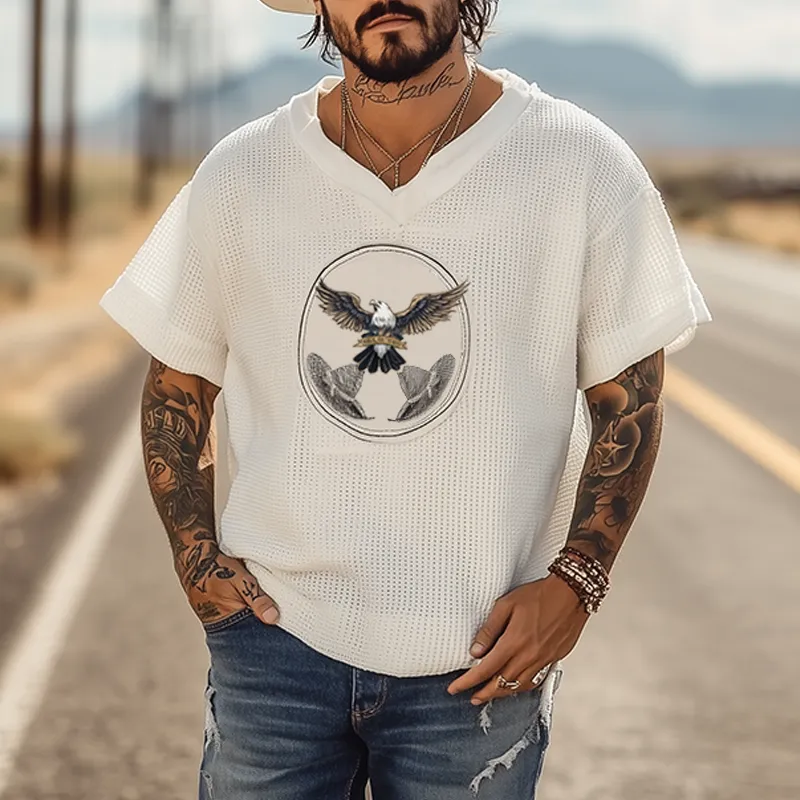 Men's Summer Fashion Casual Western Style Waffle Bald Eagle Embroidery V-neck Loose Short-sleeved T-shirt MTA2995E0K sold by Manly product image thumbnail 2
