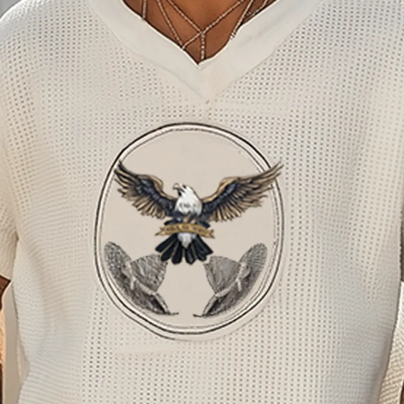 Men's Summer Fashion Casual Western Style Waffle Bald Eagle Embroidery V-neck Loose Short-sleeved T-shirt MTA2995E0K sold by Manly product image thumbnail 5