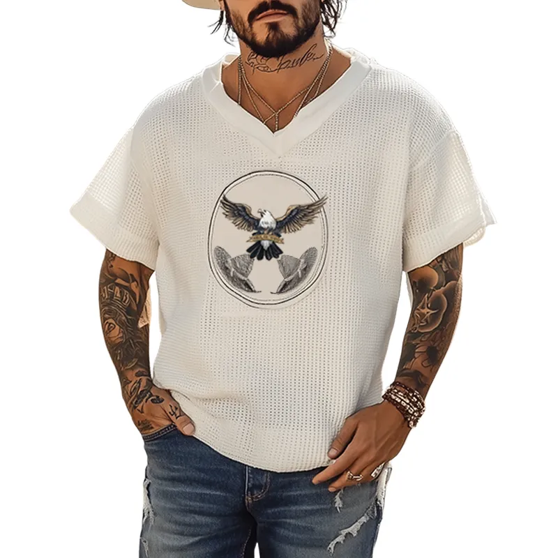 Men's Summer Fashion Casual Western Style Waffle Bald Eagle Embroidery V-neck Loose Short-sleeved T-shirt MTA2995E0K made by Manly