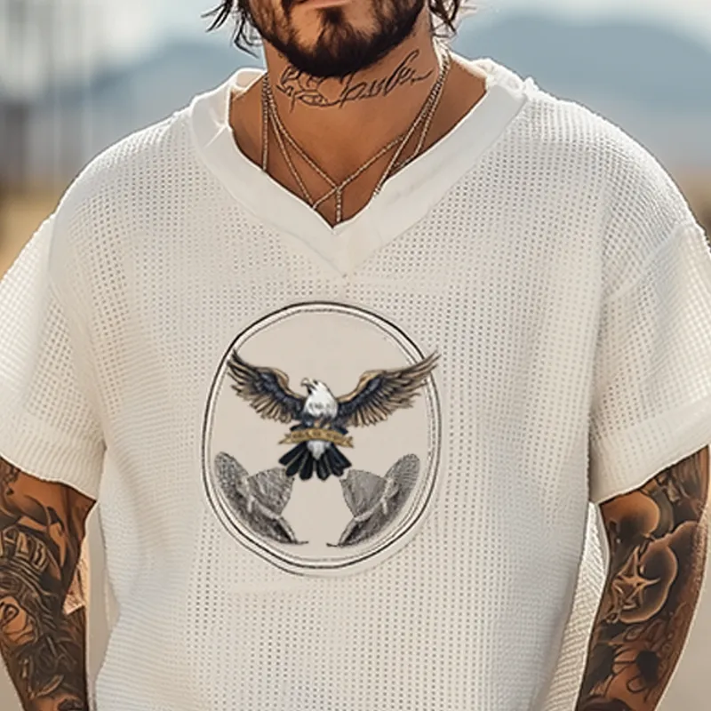 Men's Summer Fashion Casual Western Style Waffle Bald Eagle Embroidery V-neck Loose Short-sleeved T-shirt MTA2995E0K sold by Manly product image thumbnail 4