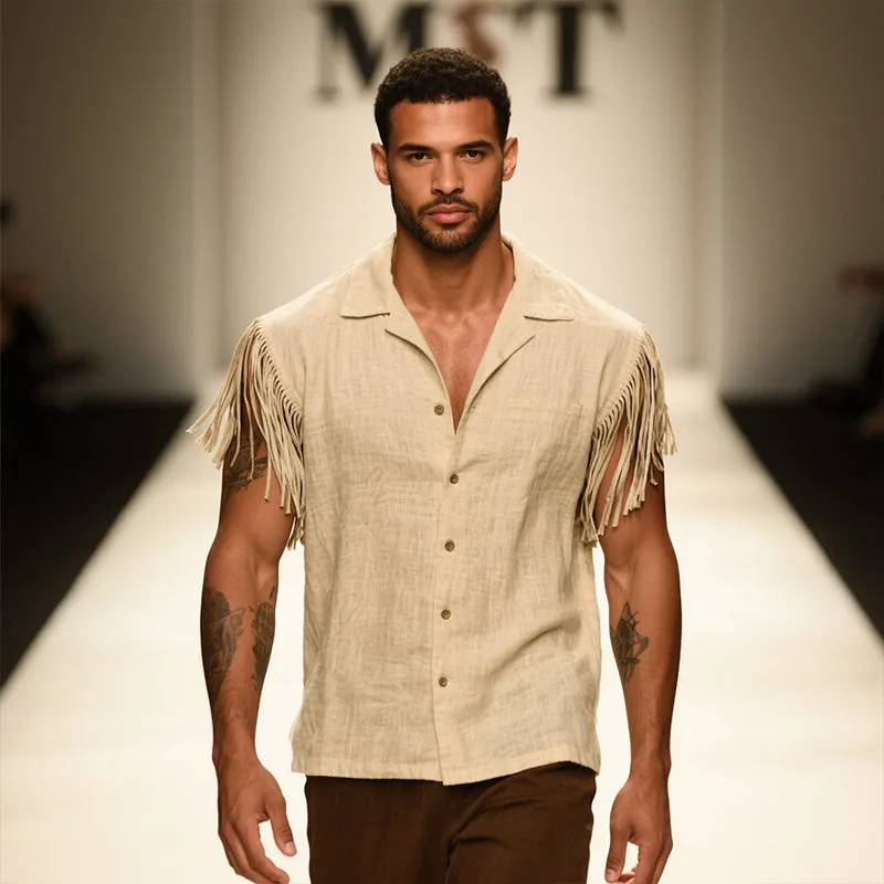 Men's Retro Casual Solid Color Linen Tassel Lapel Sleeveless Shirt MTA2907E7TO sold by Manly product image thumbnail 4