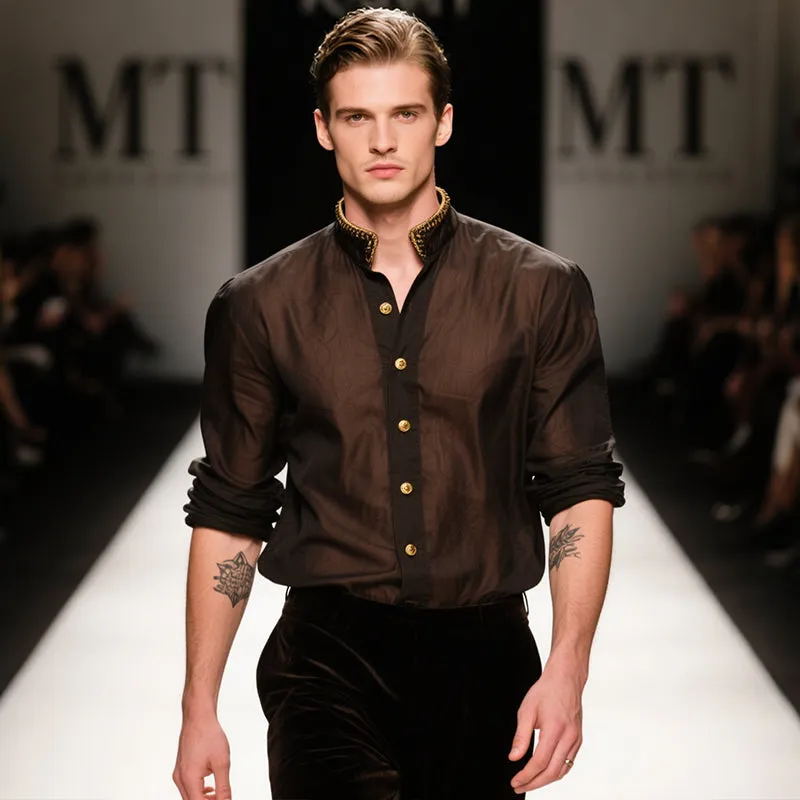 Men's Retro Casual Medieval Embroidery Metal Stand Collar Long Sleeve Shirt MTA2935E7TO sold by Manly product image thumbnail 3