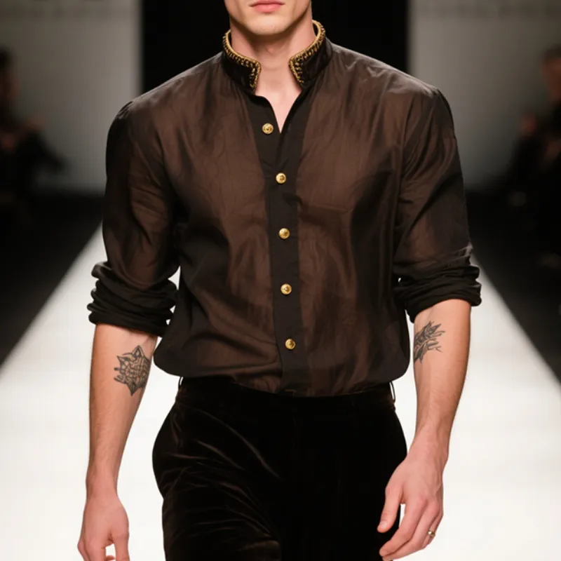 Men's Retro Casual Medieval Embroidery Metal Stand Collar Long Sleeve Shirt MTA2935E7TO sold by Manly product image thumbnail 2